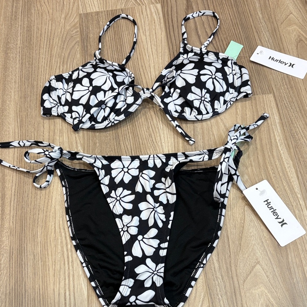 NWT Hurley black and white Floral Bikini size L